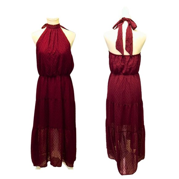 NWT Elegant Burgundy Halter Maxi Dress Tiered Semi-Sheer Perfect Evening Large - Picture 8 of 16